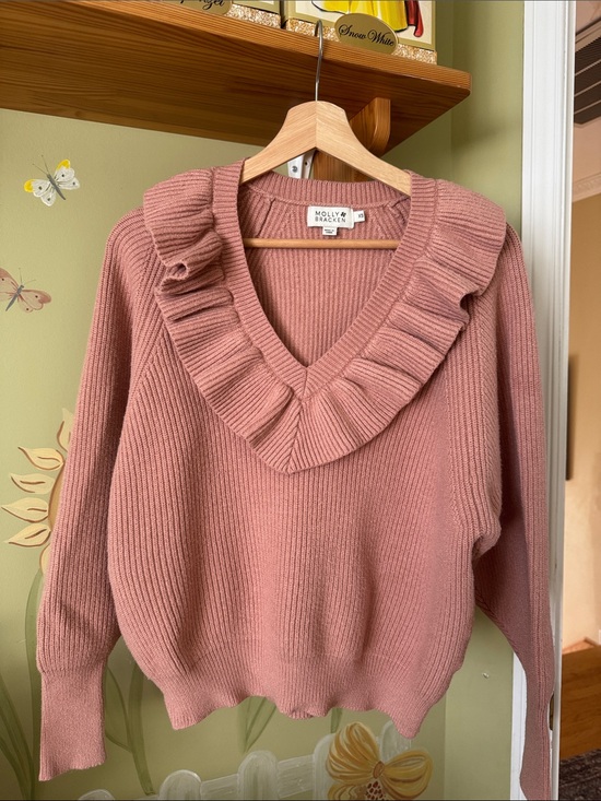 Molly Bracken Sweaters - Pink Ruffled V-Neck Knit Sweater
